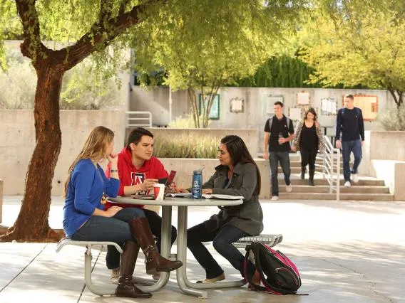 students at a table outside