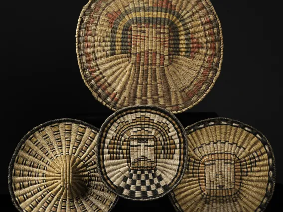  Sa'lakqtaqa (Shalako man katsina), ca. 1910; Corn cob design, ca. 1935; Sa'lakwtaga (Shalako man katsina), ca. 1945;  (Havasupai katsina), ca. 1930.