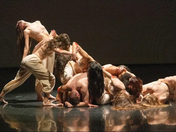 A photograph of dancers wearing tan, draped over each other, on stage 