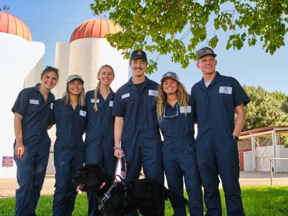 Veterinary students smiling arm-in-arm.