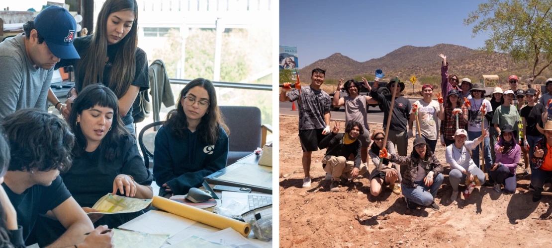 (Left) an instructor pointing to a piece of paper and speaking to students (Right) a group of students and faculty members posing with tools Right) a group of stuents 