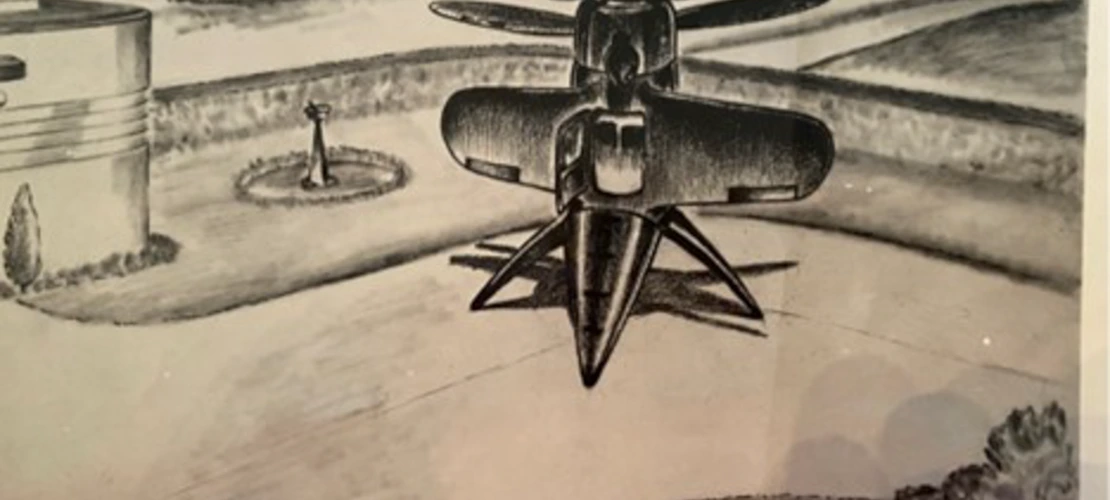 A pencil sketching on an airplane, facing upward, in a neighborhood