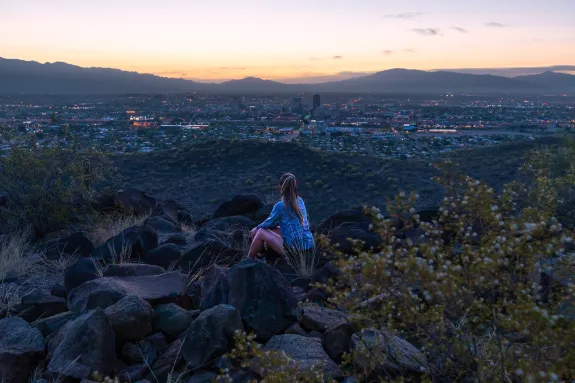 Wildcat looks over Tucson from atop Tumamoc