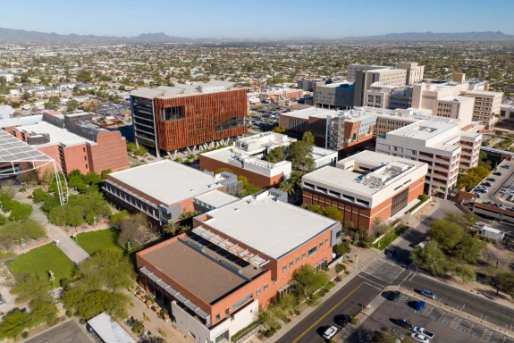 A drone overhead snapshot of the University of Arizona Health Sciences building