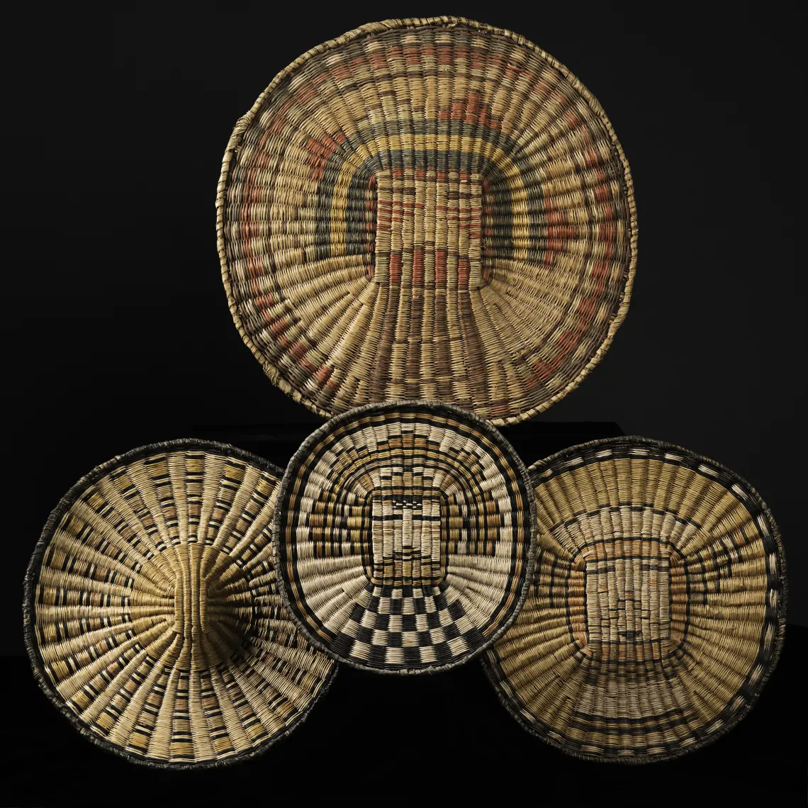 Sa'lakqtaqa (Shalako man katsina), ca. 1910; Corn cob design, ca. 1935; Sa'lakwtaga (Shalako man katsina), ca. 1945; (Havasupai katsina), ca. 1930.