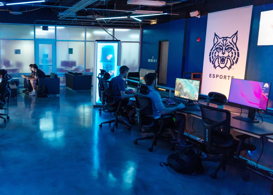 Students sitting down at computers playing video games