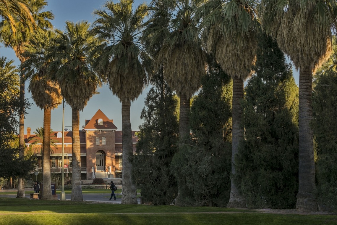 A photograph of the palm trees outside Old Main with students walking 