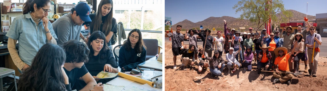 (Left) an instructor pointing to a piece of paper and speaking to students (Right) a group of students and faculty members posing with tools Right) a group of stuents 