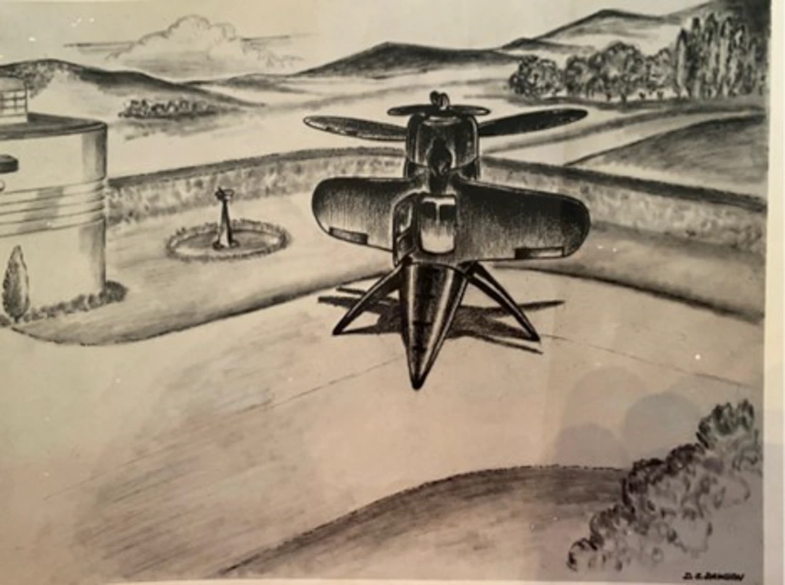 A pencil sketching on an airplane, facing upward, in a neighborhood