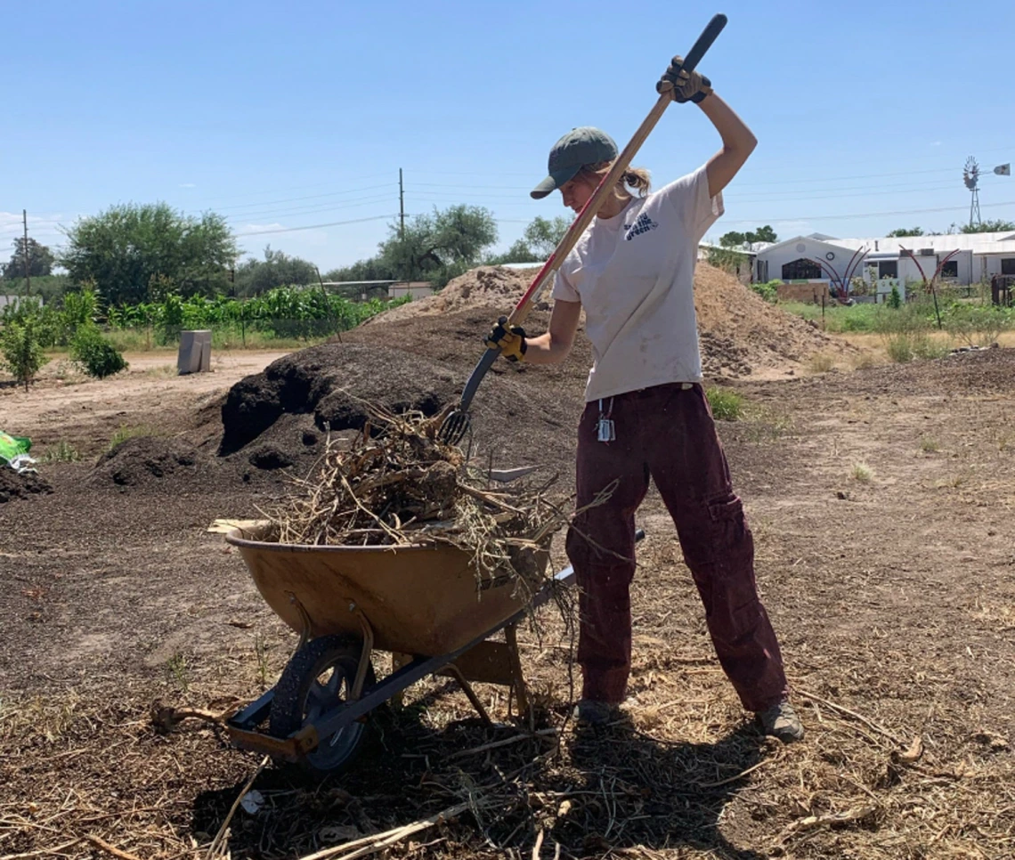 A woman using a rake to place branches in a wheelbarrow