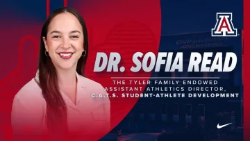 A banner that reads "Dr. Sofia Read, The Tyler Family Endowed Assistant Director, C.A.T.S. Student-Athlete Development" with a woman smiling